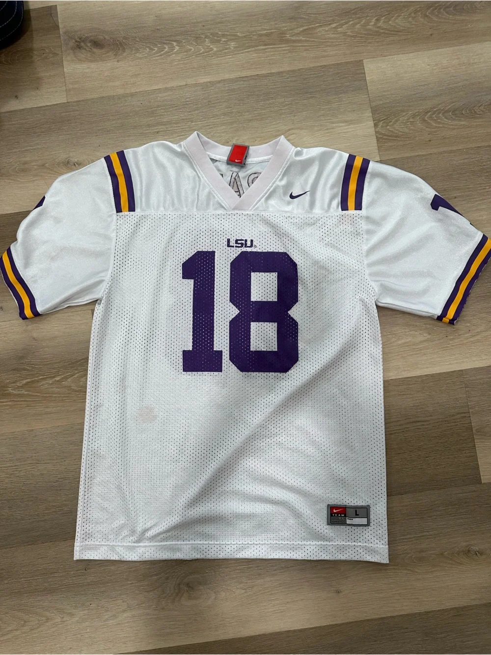 Boys White Football Jersey with Purple & Gold Accents - #18 Ararabie LSU